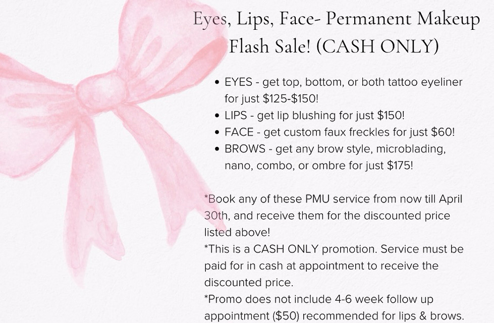 CASH ONLY EYES, LIPS, FACE-PMU SALE