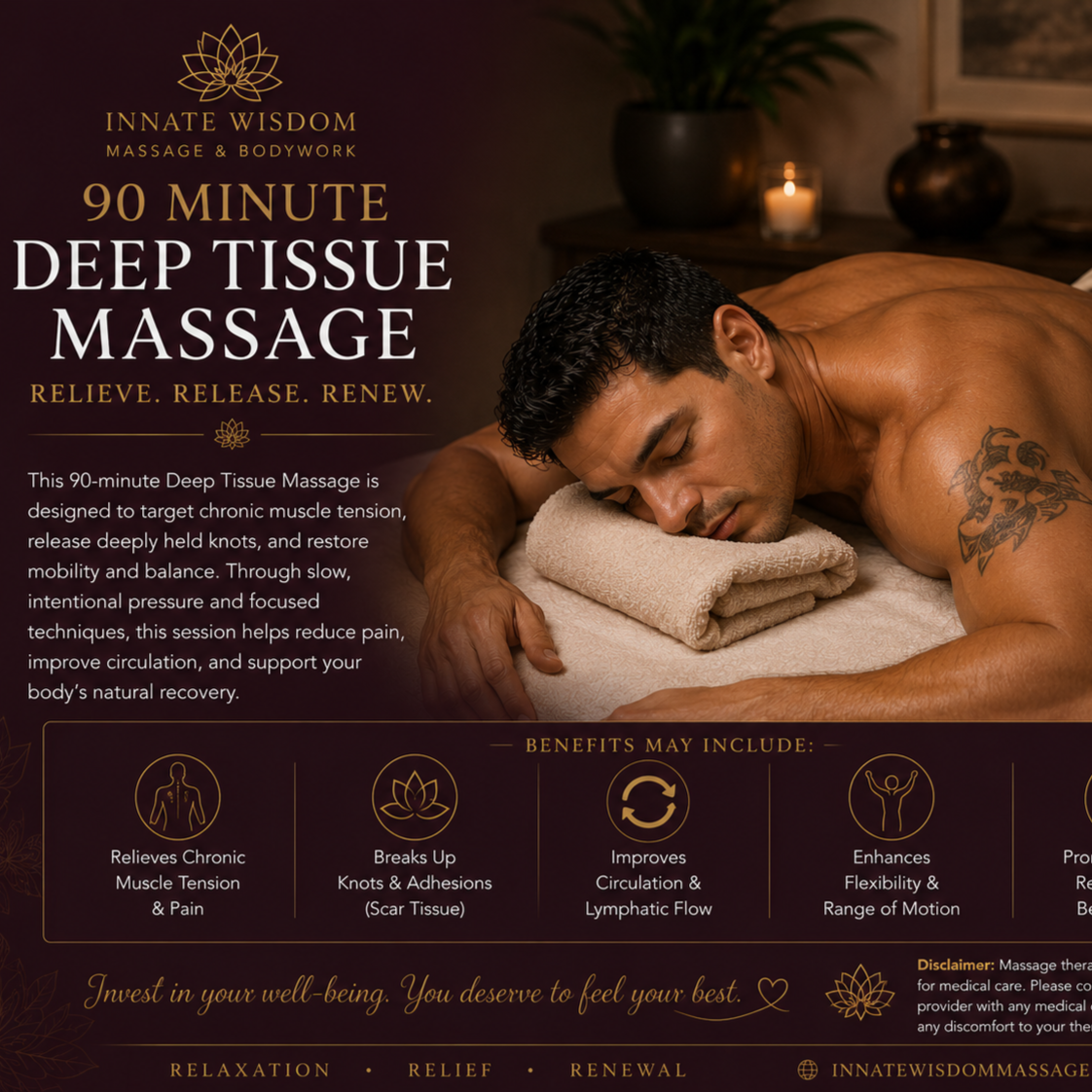 90 min Deep Tissue at Innate Wisdom Massage and Bodywork in Desoto, TX