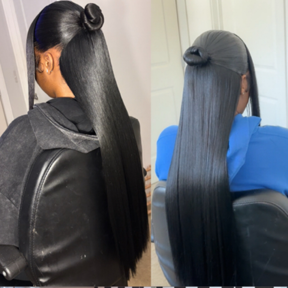 Low Half Up Half Down X Bun 1 Bang at Braidsbyniyy in Towson, MD