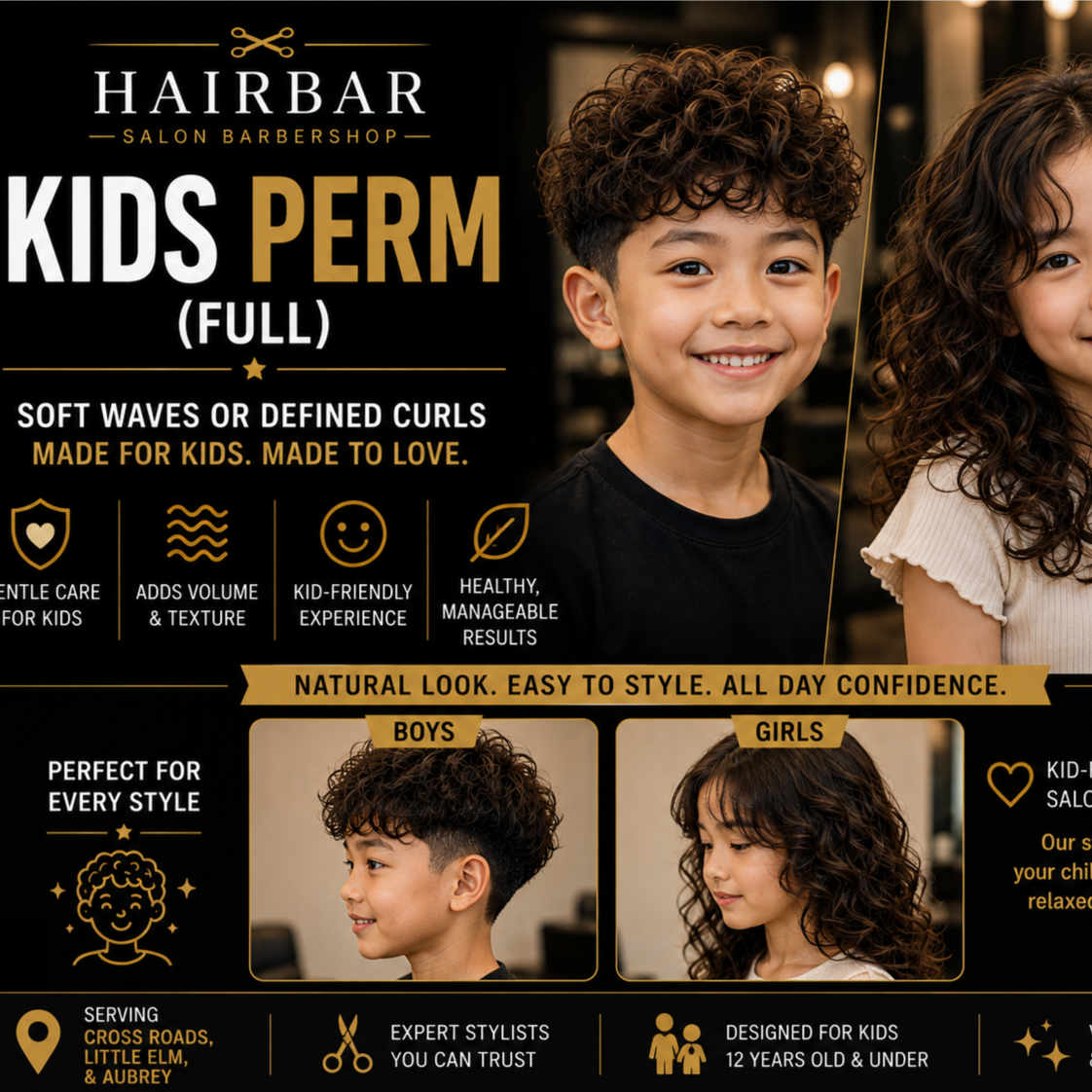 Kids Full Head Perm at HairBar Salon BarberShop in Cross Roads, TX