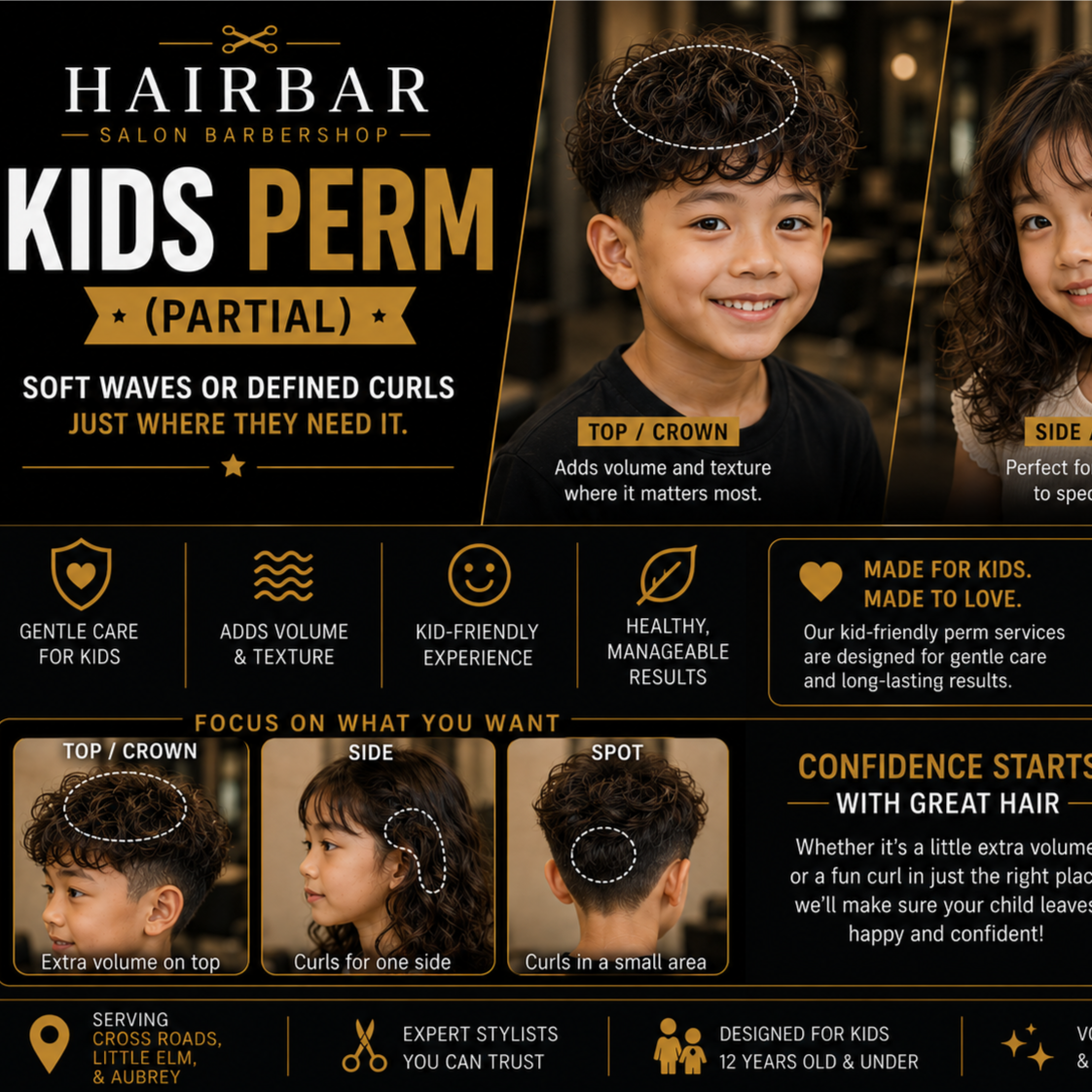 Kids Partial Perm (Top/Crown/Spot) at HairBar Salon BarberShop in Cross Roads, TX