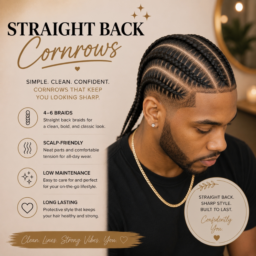 Straight Back Cornrows (4-6 braids) at Regina's Hair & Nail Studio in Corning, CA