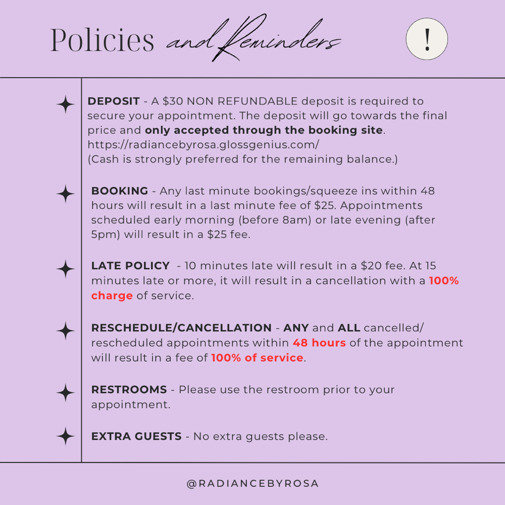 POLICYS AND REMINDERS at Radiance By Rosa in Phoenix, AZ