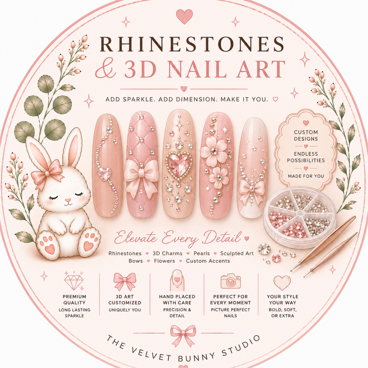 Rhinestones/3D Nail Art at The Velvet Bunny Studio in Tulsa, OK