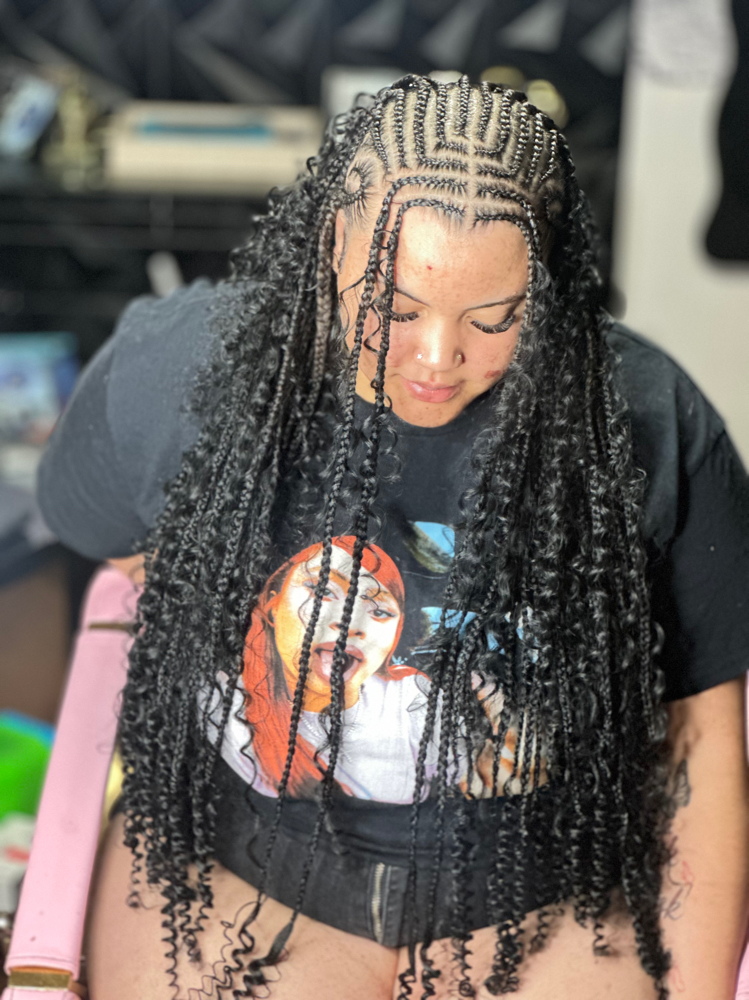 Boho Stitched Fulani Knotless Braid at Goddess Stylez in Sealy, TX