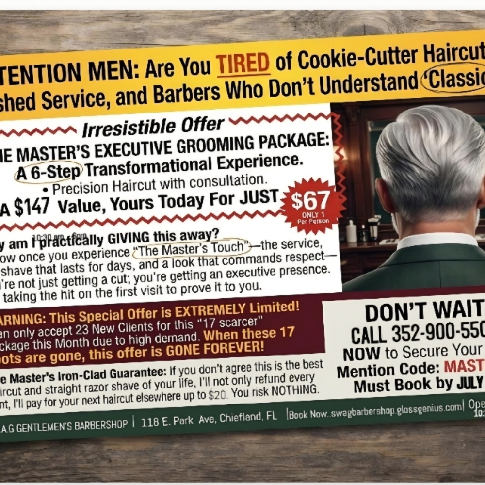 "The Master Exec. Grooming Package at S.W.A.G GENTLEMEN'S BARBERSHOP in CHIEFLAND, FL
