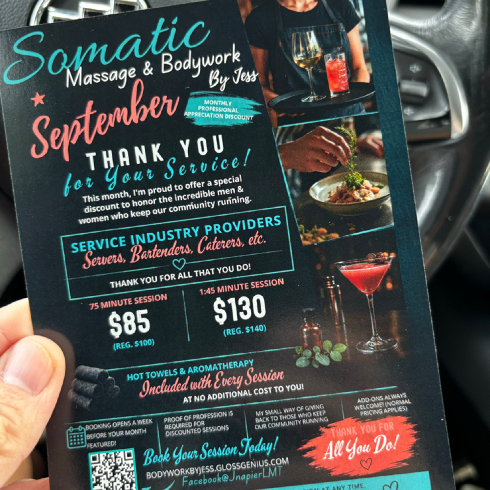 Professional Appreciation Session at Somatic Massage & Bodywork By Jess in Lexington, KY