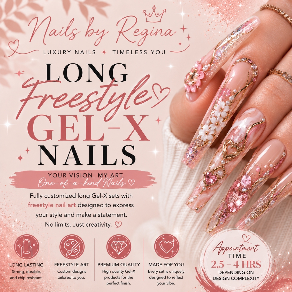 Long/ Freestyle Gel-X at Regina's Hair & Nail Studio in Corning, CA