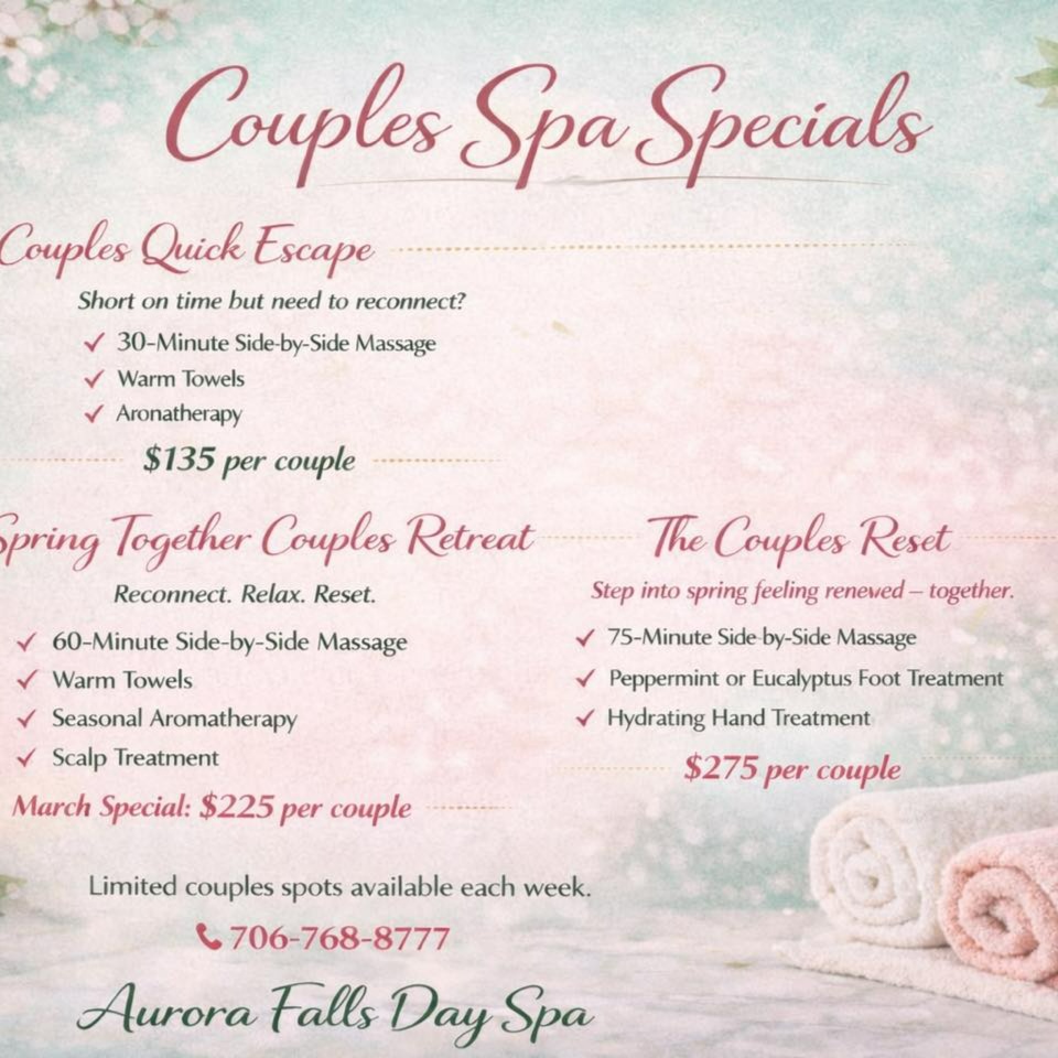 Couples Quick Escape at Aurora Falls Day Spa in Clarkesville, GA