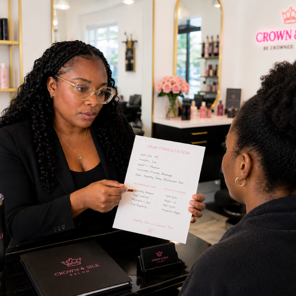 Consultation at Crown & Silk Salon in Durham, NC