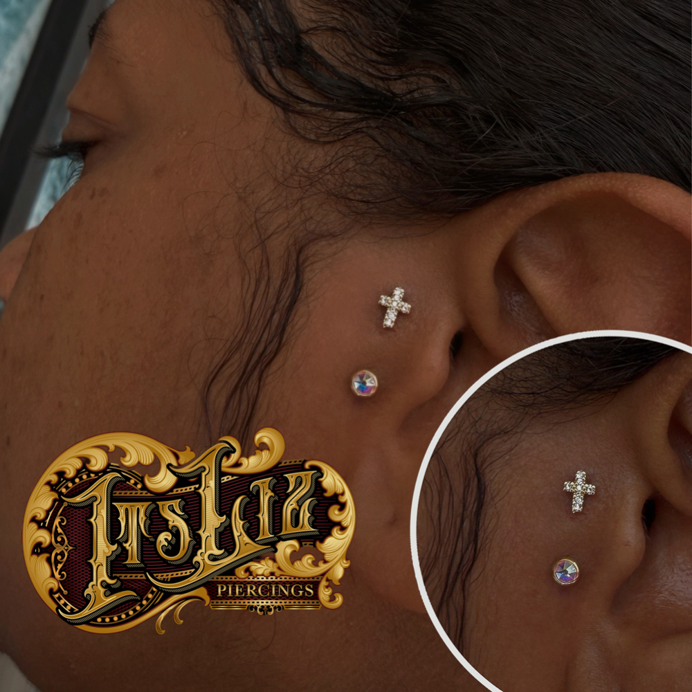 Surface Tragus With Cross at Itslizpiercings in Houston, TX