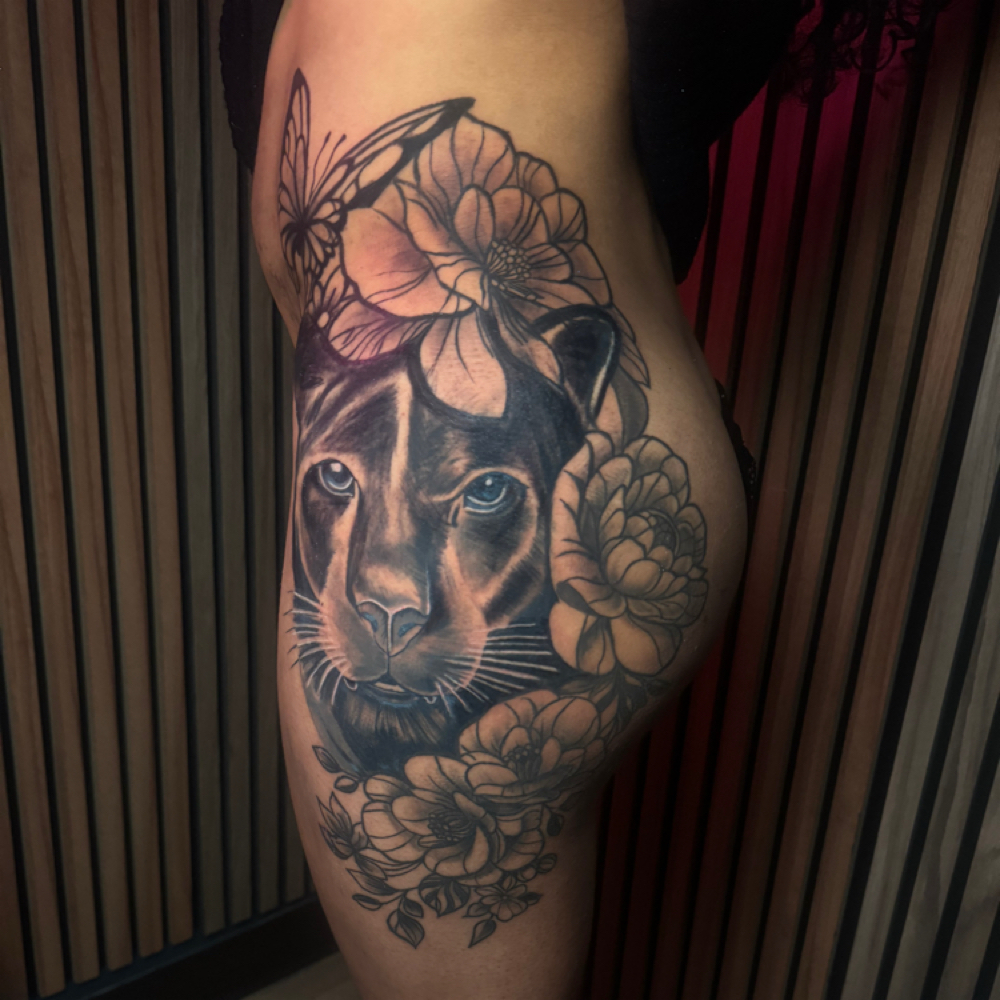 CUSTOM LARGE THIGH, TATTOO at Tattoo Whitney Houston in Houston, TX