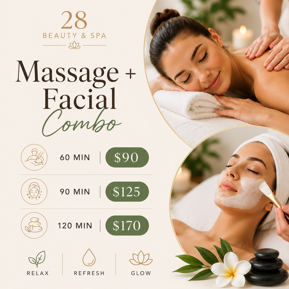 Massage + Facial Combo at 28 Beauty & Spa in Torrance, CA