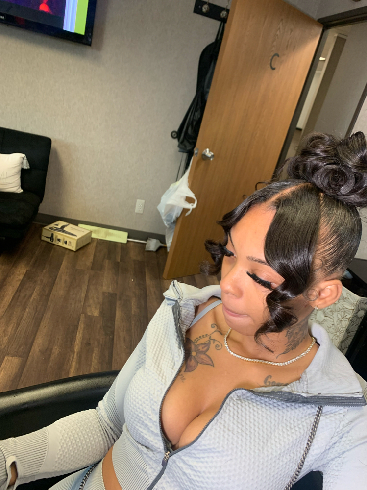 Messy Bun & Bangs at Hair Styles By Madi in Oakpark, MI