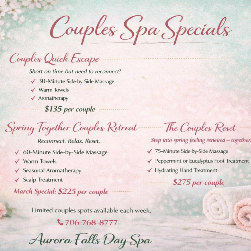 The Couples Reset at Aurora Falls Day Spa in Clarkesville, GA