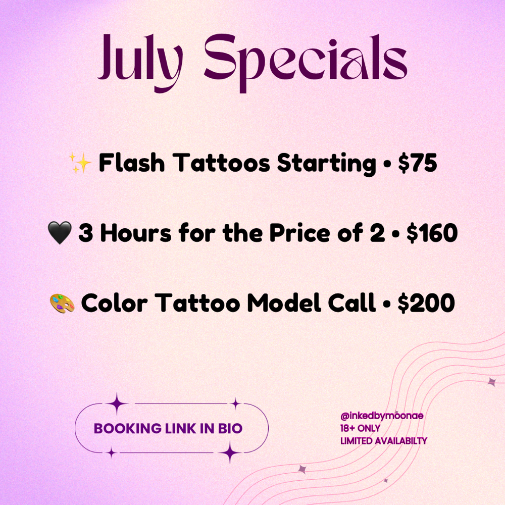 July Specials at Velvet Muse Tattoo in Charlotte, NC