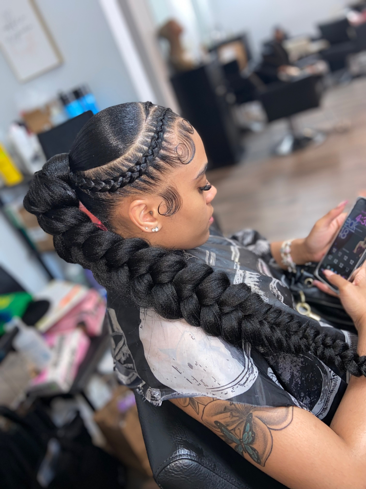 MidHigh ponytail w/ 2 stitch braids