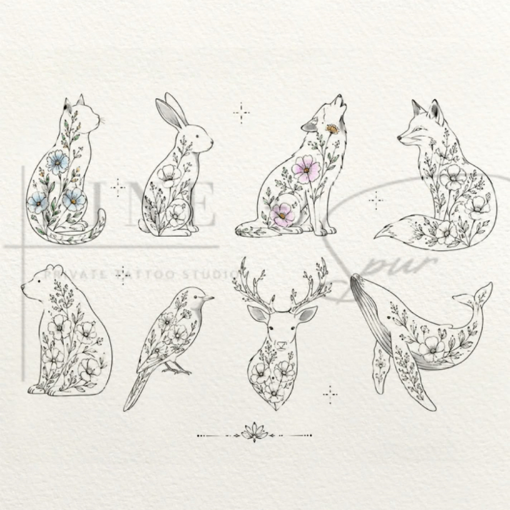 Floral Animal Flash at Pine + Spur Tattoo in Southwick, MA