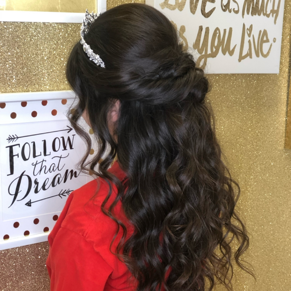 Quinceanera/Suite 16 Upstyle/Updo at Deep Roots Meraki Salon in Corpus Christi, TX
