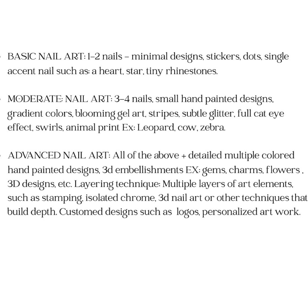 Nail Art Tiers DESCRIPTION ONLY at Luxy Nails OC in Santa Ana, CA