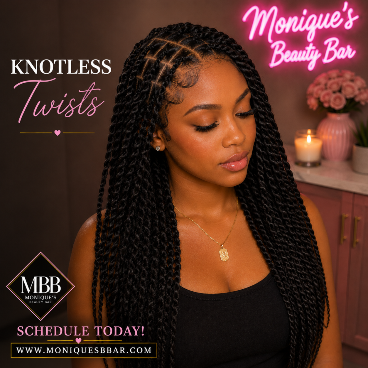 Knotless Twists at Monique's Beauty Bar in Charlotte, NC