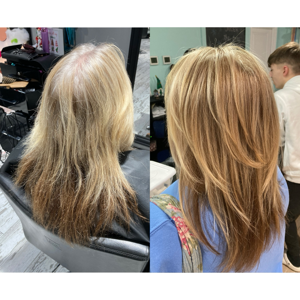 Partial Blonding + Root Retouch at Bass & Beauty in Ellicott, MD