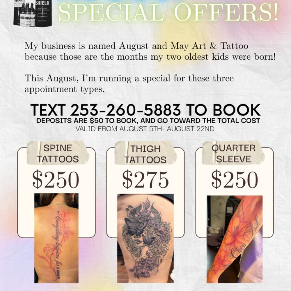 August Deals at August & May Art And Tattoo in Tacoma, WA