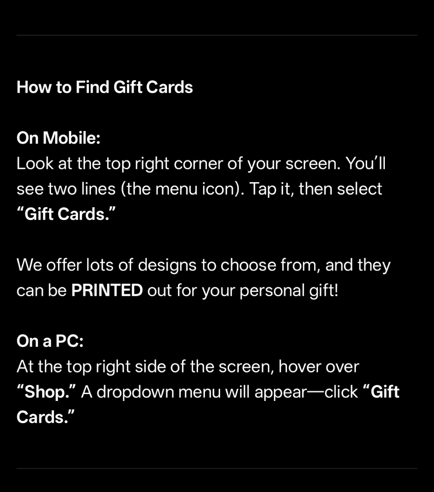 Gift Card Instructions