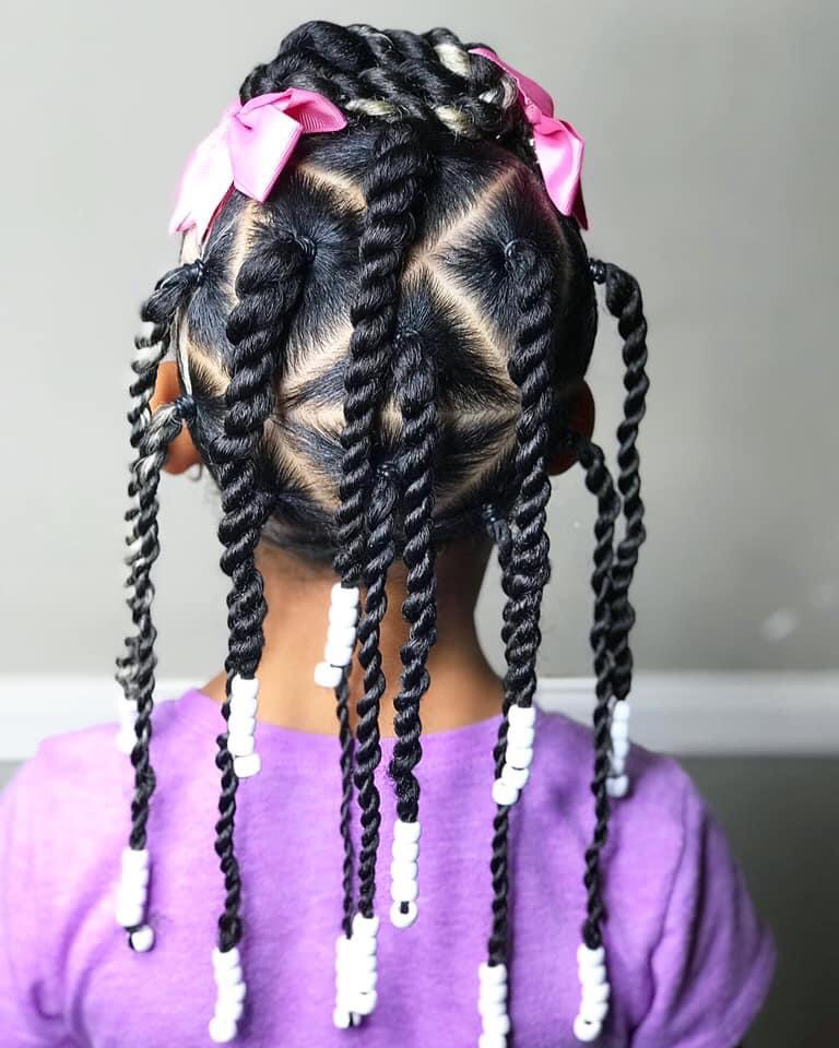 Beads, Braids and Beyond: Little Girls Natural Hair Style: Flat Twist  Ponytails with Twisted Bangs & Rainbow Beads
