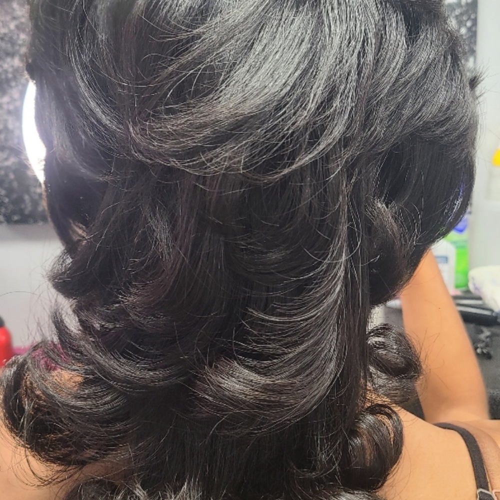Silk Press W/Curls at Chon's Unique House of Hair in Detroit, MI