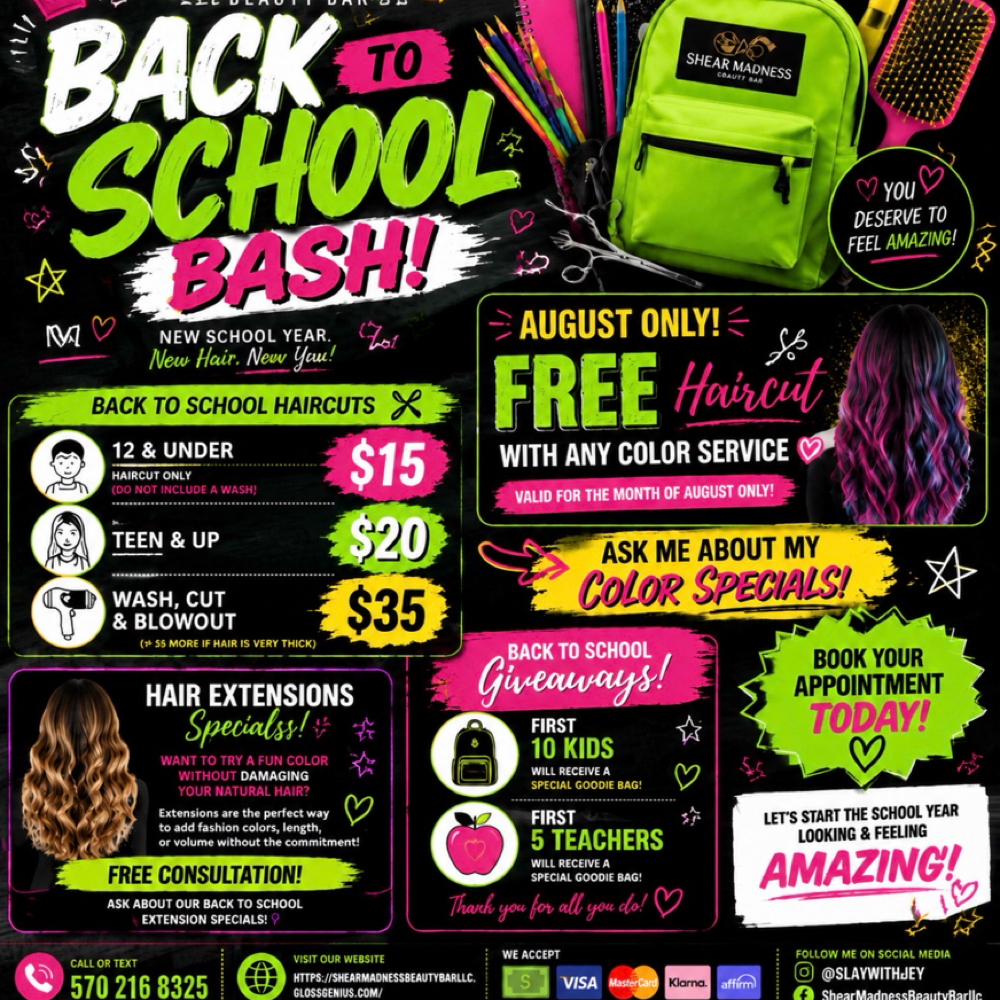 Back To School Specials at Shear Madness BeautyBar LLC in East Stroudsburg, PA