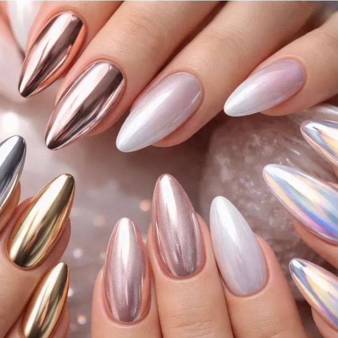 Chrome Powder art to 10 nails at Polished Nail + Beauty Bar in Marion, NC