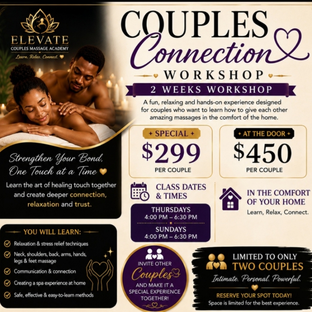 COUPLE MASSAGE WORKSHOP at Elevate Hair and Body Spa LLC in Farmingdale NJ, NJ
