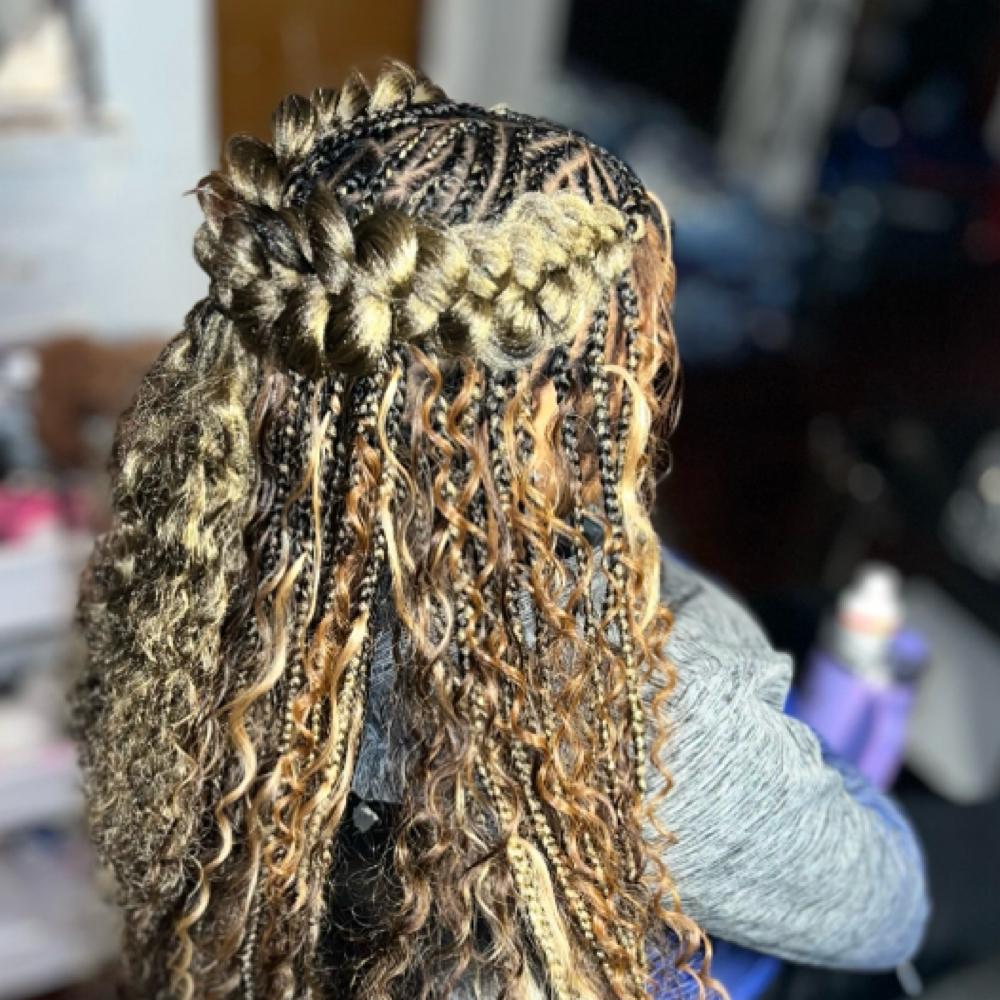 Crown Braid/ small Boho Knotless at Exclusive braids & Hair Care in Highland Park, MI