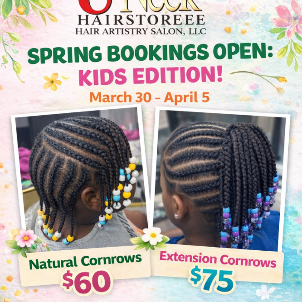 Spring Break Deal - Natural Cornrow at U’Neek HairStoree, Hair Artistry Salon in Stafford, VA