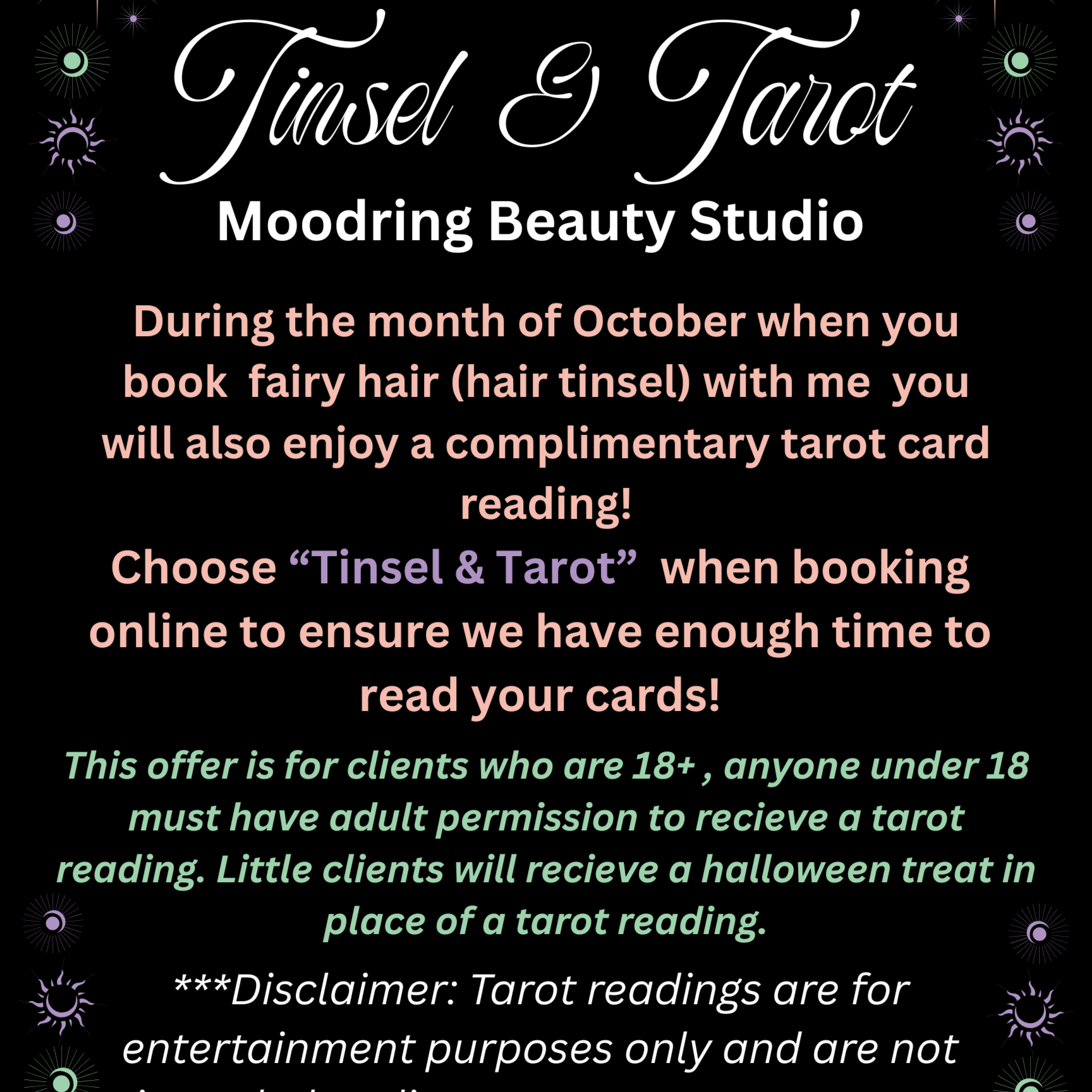 Tinsel & Tarot at Mood Ring Beauty Studio in Catonsville, MD