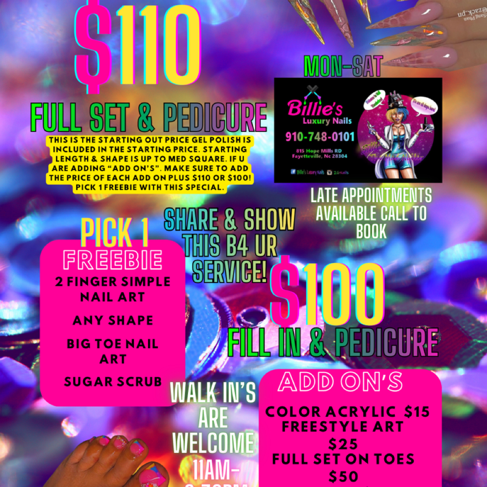 $110 Full Set & Pedicure at Billie’s Luxury Nails in Fayetteville, NC