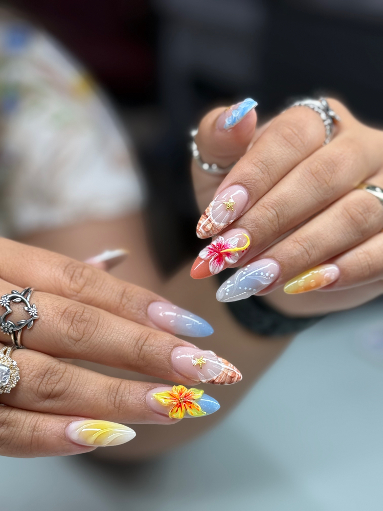 Long Acrylic Nails With Design at Lovely Nails Studio in Nacogdoches, TX