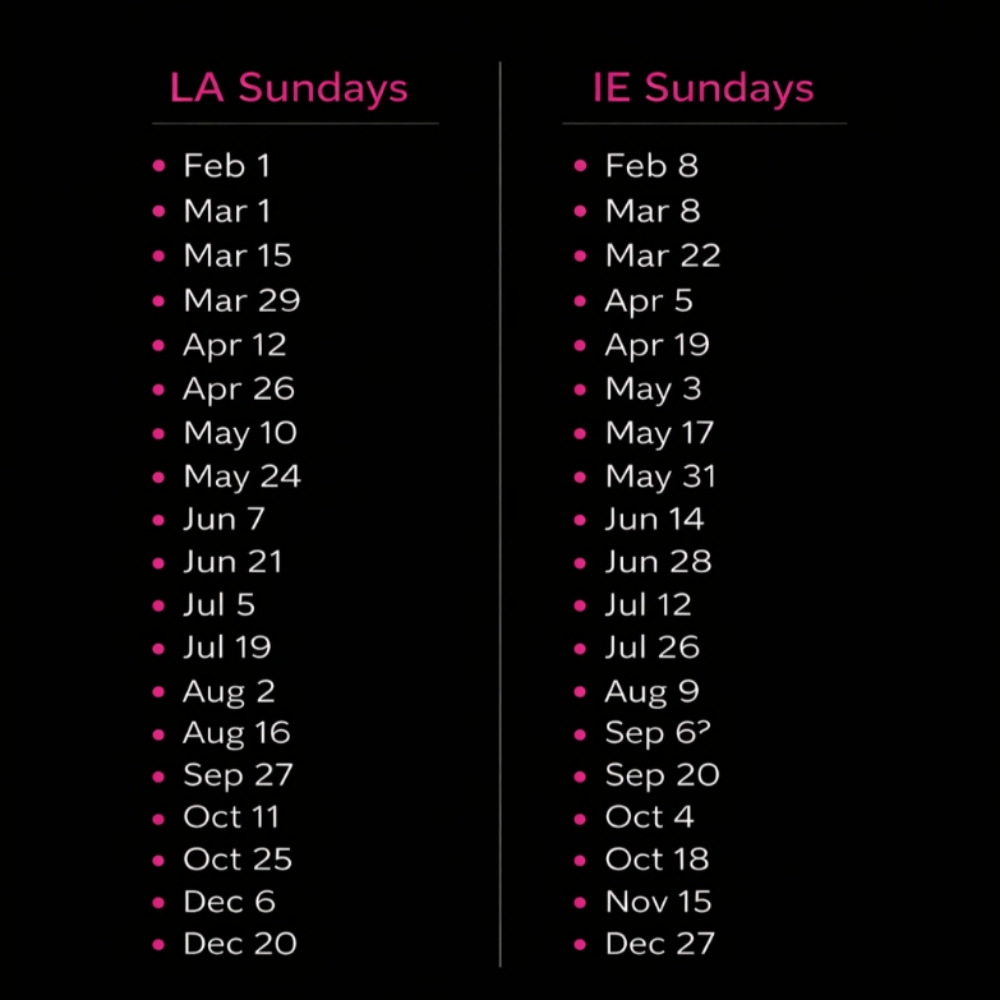 Sunday Booking Dates– 2026 at Dez Taylor in Moreno Valley, CA