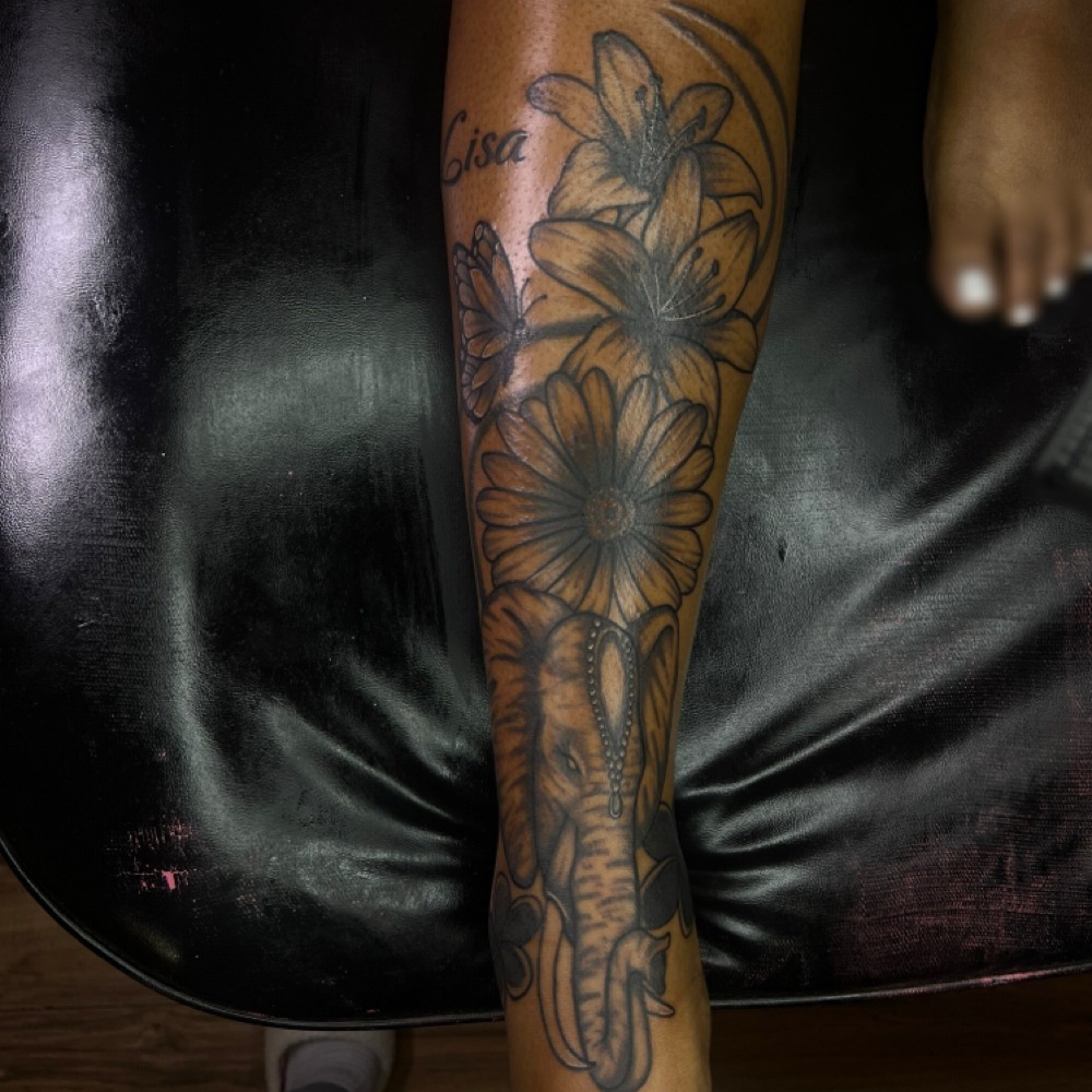Calf tattoo at Tattz by Kenzz in Texarkana, TX