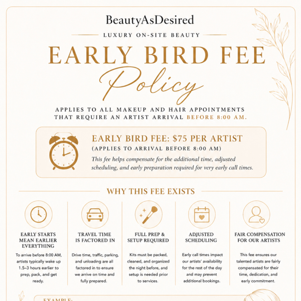 Early Bird Policy at Beauty As Desired in San Diego, CA