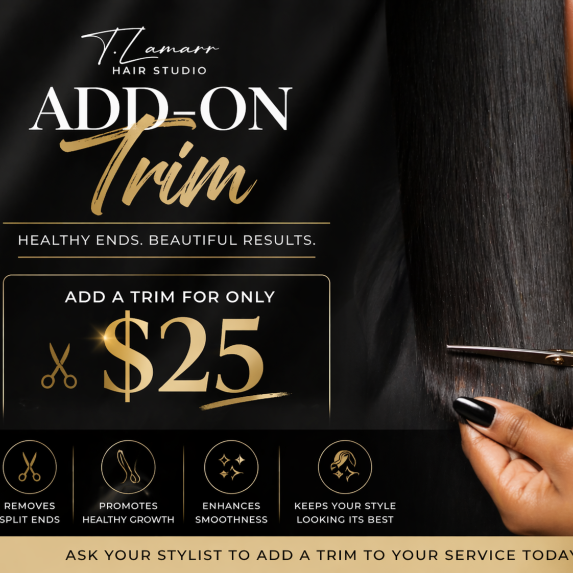 Trim Add-on Silk Press Tues. & Wed. at TLamarr Hair Studio in Tinley Park, IL