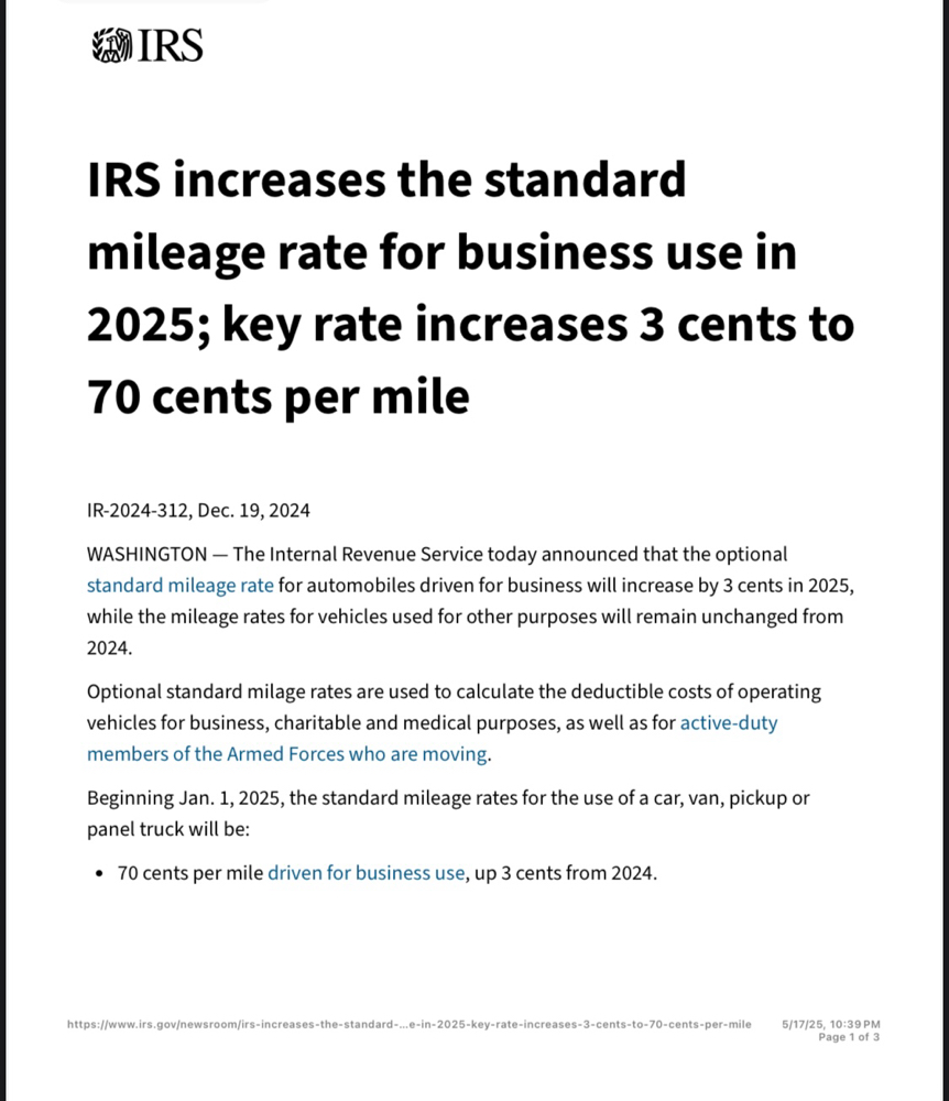 Mileage Rates 2025