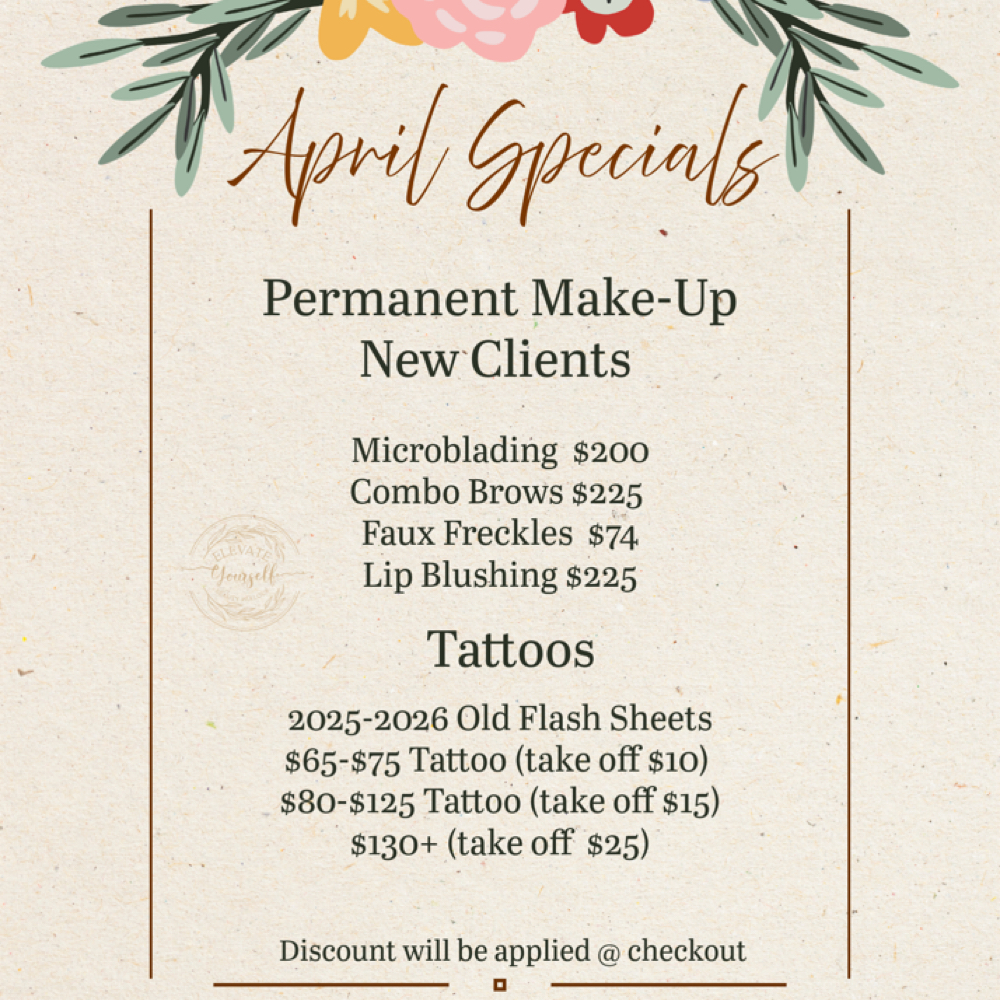 April Tattoo Flash/Design Sale at Elevate Yourself Beauty Parlour in Hobart, IN