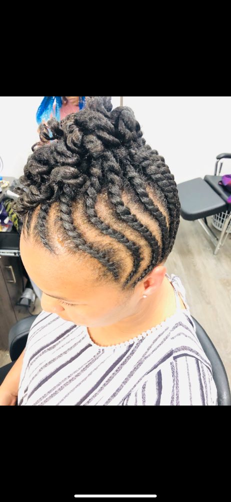 Flat twist Updo Two Strands & Curls at ChariseRenee’J Hands of A Goddess in Kettering, MD