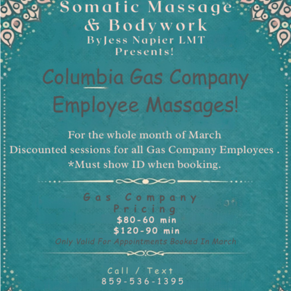 Columbia Gas Co. 90m at Somatic Massage & Bodywork By Jess in Lexington, KY