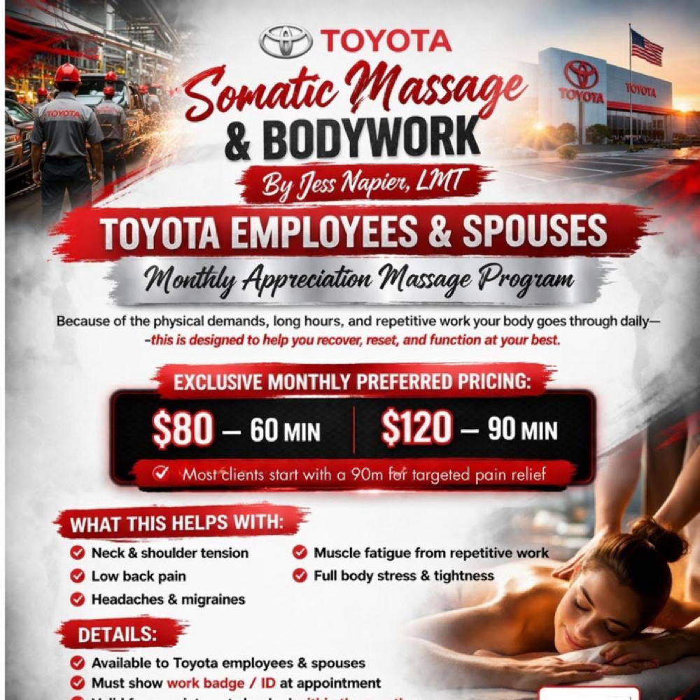 TOYOTA 90m at Somatic Massage & Bodywork By Jess in Lexington, KY