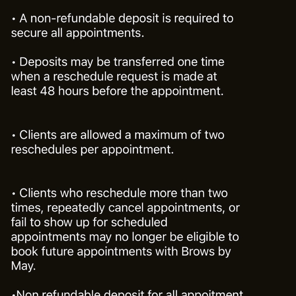 Appoitment and deposit policy at browsbymay in fort oglethorpe, GA