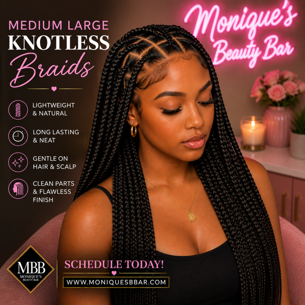 Medium Large Knotless Braids at Monique's Beauty Bar in Charlotte, NC