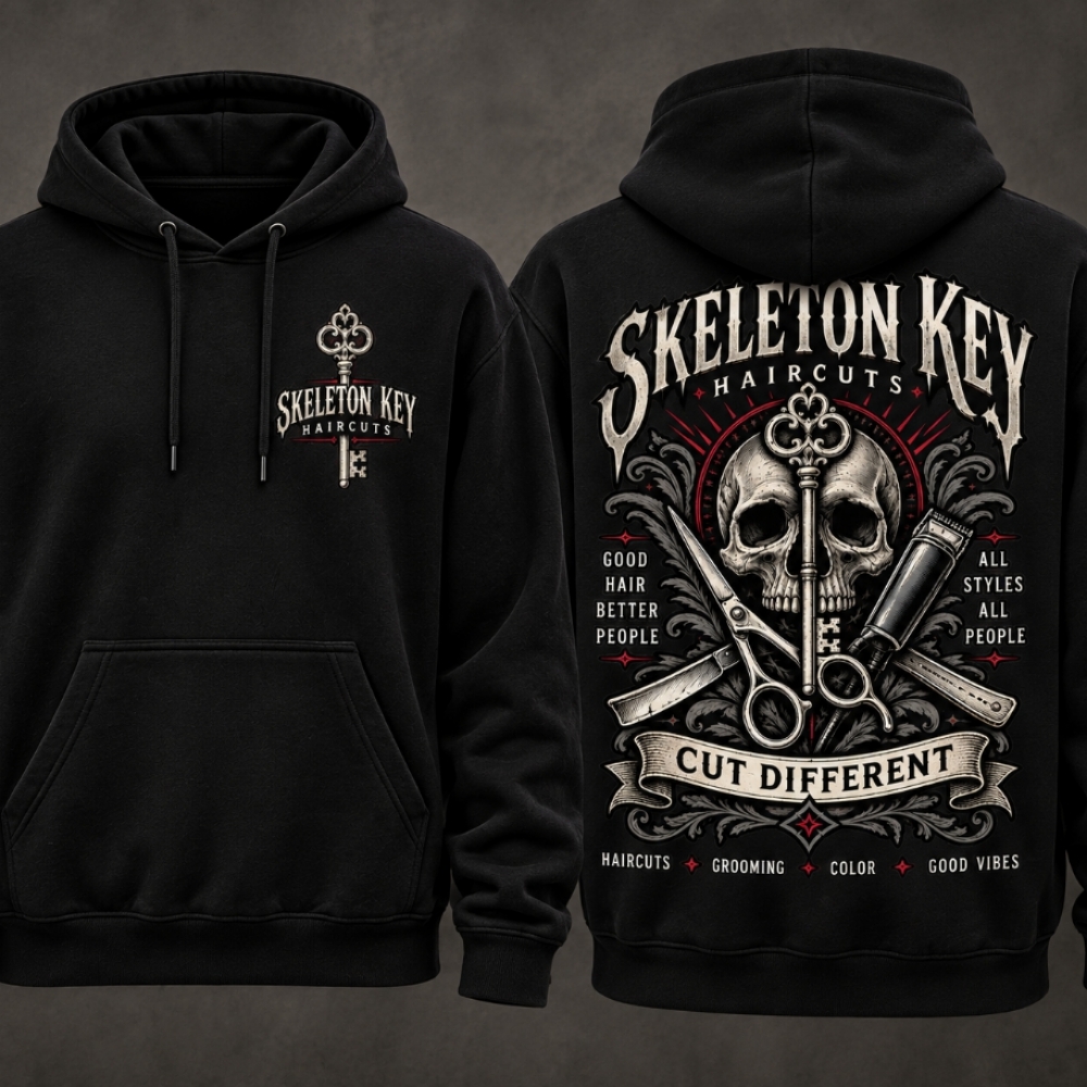 BLACK PULLOVER CUT DIFFERENT MERCH at Skeleton Key Haircuts in Simpsonville, SC